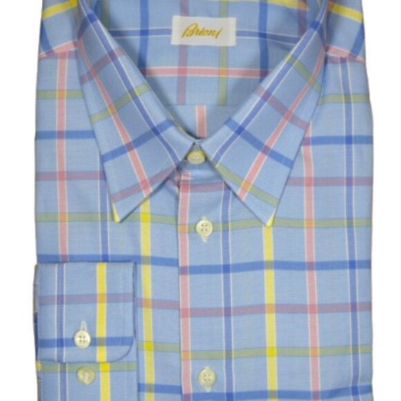 $950 NEW BRIONI DRESS SHIRT BLUE SALMON PINK PLAID CHECK HAND MADE XL 43 17 - Picture 6 of 11
